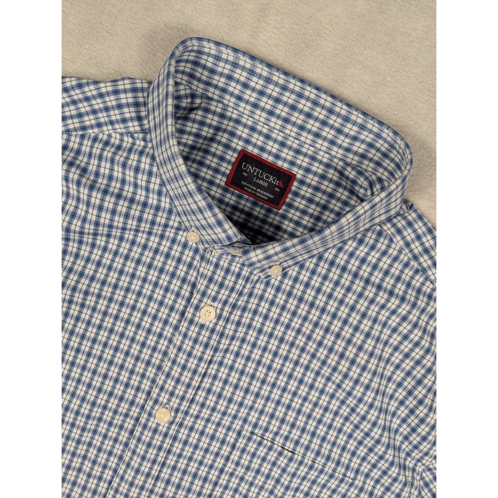 UNTUCKit Matarazzo SS Navy White Plaid Performance Shirt Mens Large 41532